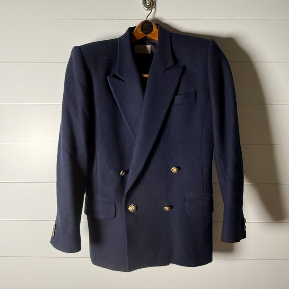 Liz Claiborne Vintage Navy Double Breasted Blazer Wool & Cashmere Sz Petite 4 - Picture 1 of 10